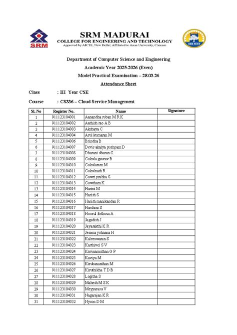 CS336 - Cloud Service Management Model Practical Exam Attendance Sheet ...