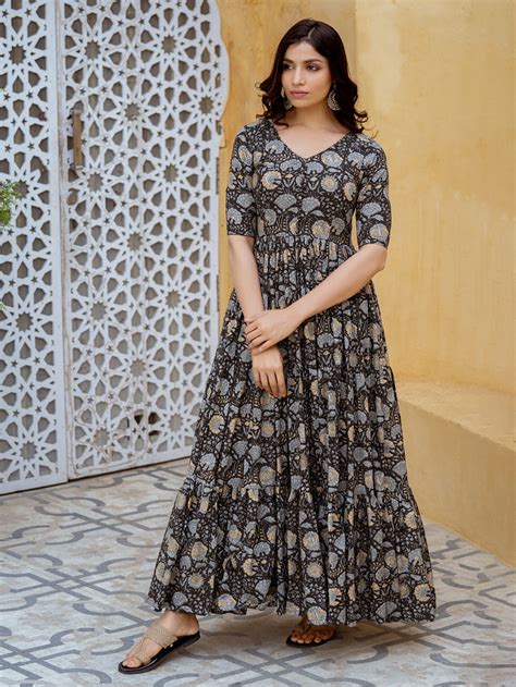 Black Bagru Hand Block Printed Cotton Dress