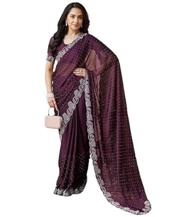 Buy SIRIL Women's Georgette Stone Work Saree With Unstitched Blouse ...
