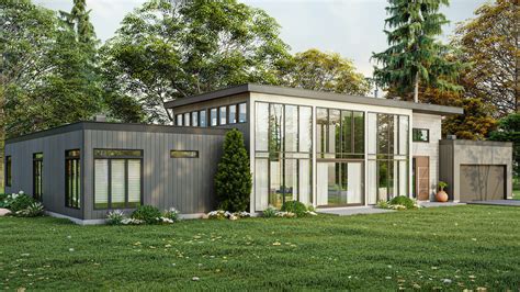 Modern L-shaped house plan with double garage and large windows | Plan ...