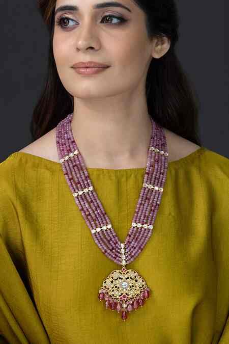 Buy Pink Beads, Stones Heeraya Embellished Cutwork Pendant Necklace by ...