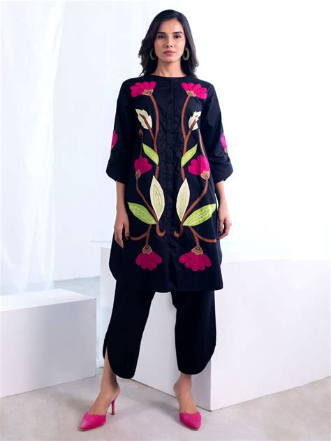 Black Applique Work Cotton Poplin Kurta with Pants - Set of 2