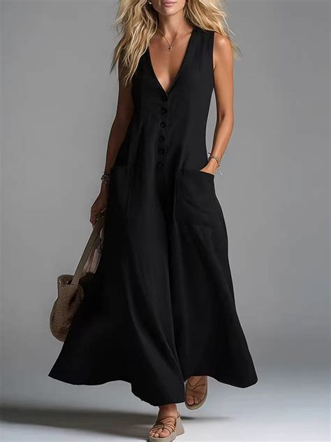 Plian V Neck Sleeveless Button PatCH Pocket Casual Maxi Dress | zolucky