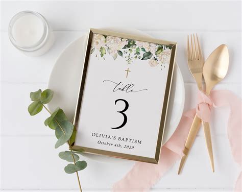 Cream White Flowers Table Number Sign - Baptism Sign