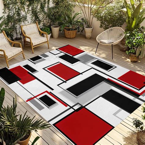 5' x 7' Outdoor Rug, Red Grey Black Outdoor Washable Rug Large Floor ...
