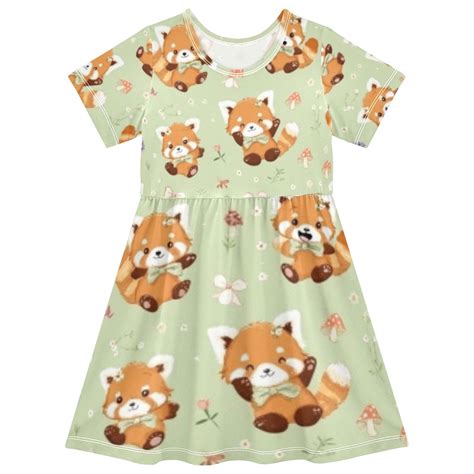DALAWU Short Sleeve Dress A-line Silhouette Playful Red Panda Of ...