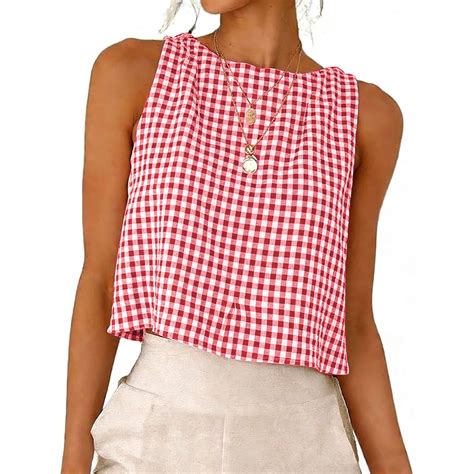 Auralook Linen Tops for Women Tank Tops Cute Summer Plaid Stripe ...