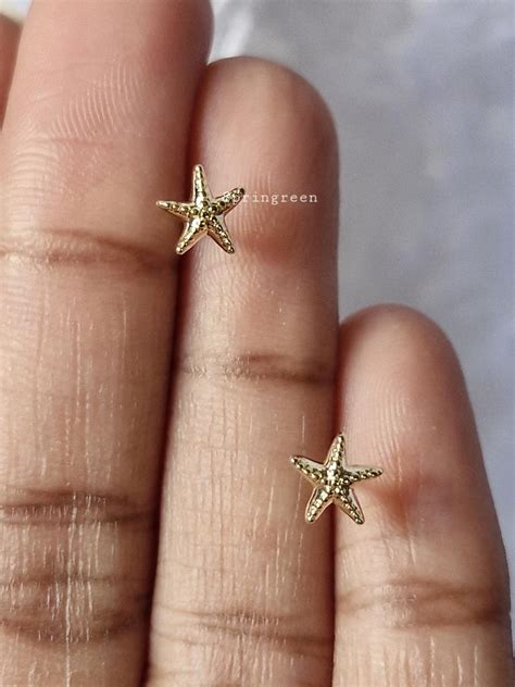 Buy Tiny Beach Themed Starfish Motif 14K Gold Stud Earrings Suitable ...