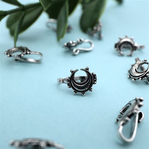 German Silver Oxidised Moon Clip On Nosepin - German Silver Nose Pins