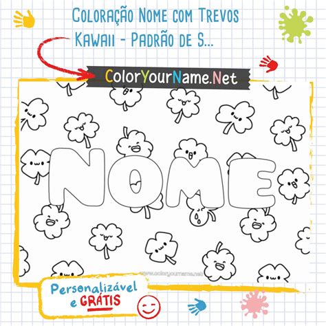Coloração Nome com Trevos Kawaii – Padrão de São Patrício para Imprimir