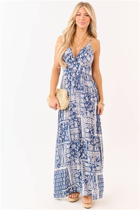 Navy Paisley Print Cross Strap V-Neck Maxi Dress | Lime Lush Boutique