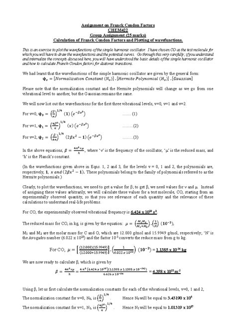 Assignment 4: Calculation of Franck Condon Factors in CHEM422 - Studocu