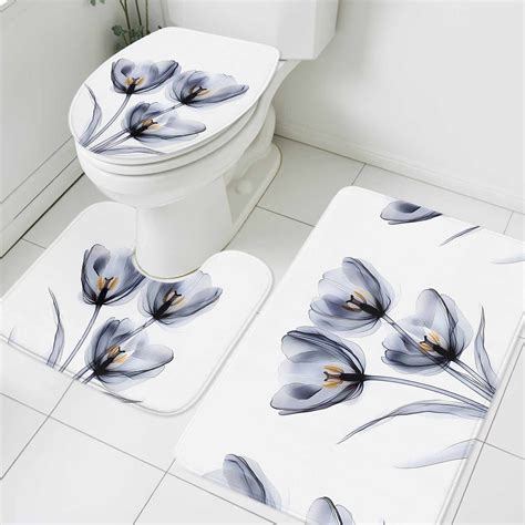 Abstract Tulip Flower Bathroom Rugs Set Black Transparent Floral Non ...