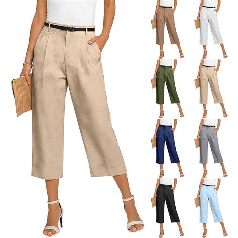 Capri Pants for Women High Waisted Business Casual Dress Pants Summer Linen Wide Leg Pant Trendy ...