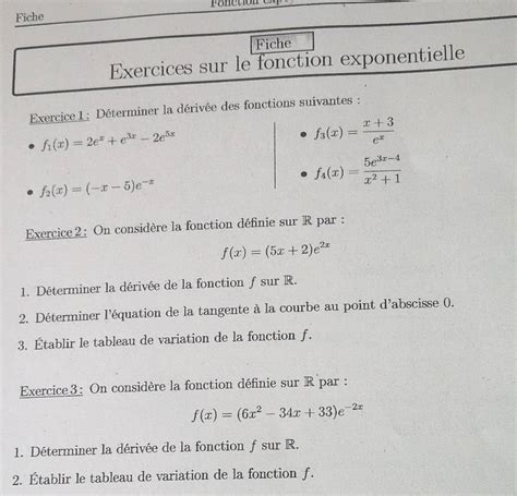 Résolu :Fonction e Fiche Fiche Exercices sur le fonction exponentielle ...