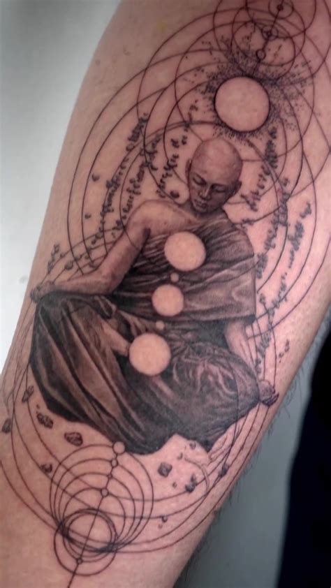 Single needle line fineline linework tattoo process buddha meditation ...