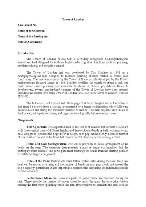 Tower of London Test Assessment Overview and Scoring Guide - Studocu