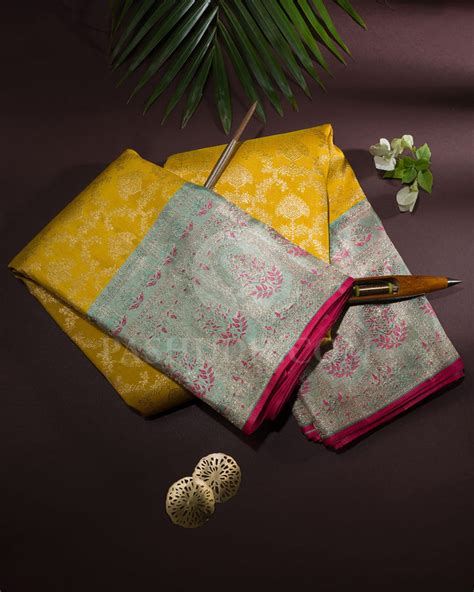 Tuscany Yellow And Powder Blue Kanjivaram Silk Saree-S1037(F) – Pashudh ...