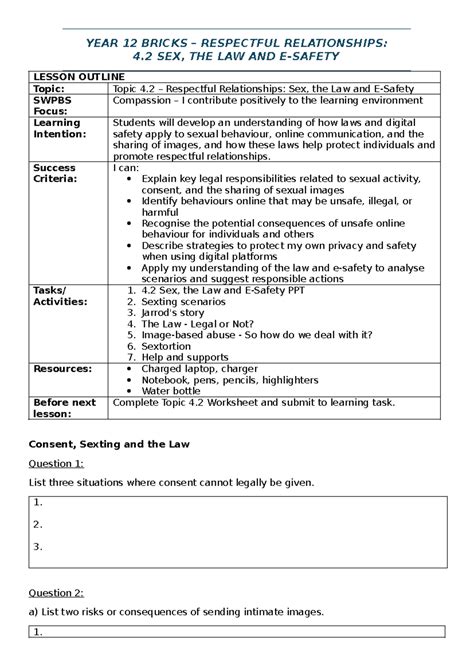 YEAR 12 BRICKS: 4.2 Respectful Relationships - Sex, Law & E-Safety - Studocu