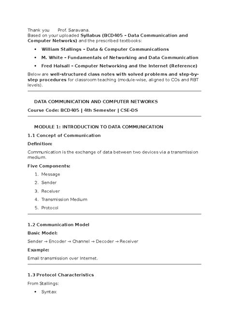 Short Notes on BCD405 Data Communication & Computer Networks - Studocu