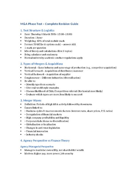 M&A Phase Test Complete Revision Guide: Key Concepts & Strategies - Studocu