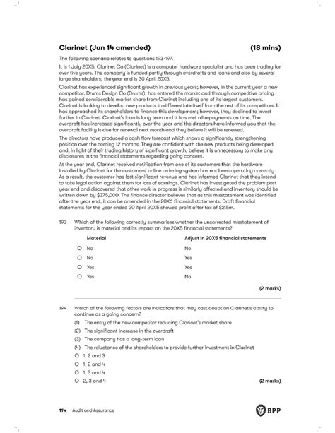 Audit and Assurance Case Study: Clarinet Co. Financial Analysis (BPP ...