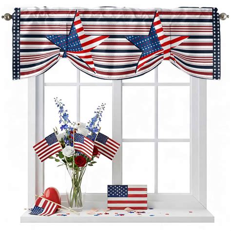4th of July Tie Up Valances Curtain, Adjustable Kitchen US Flag Star ...