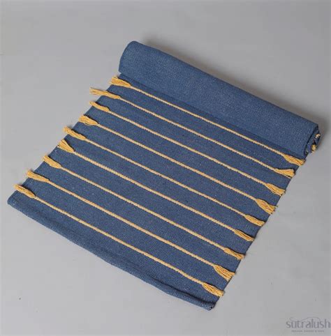 Buy Handwoven Organic Cotton Yoga Mat Runner, Blue Mustard Stripe ...