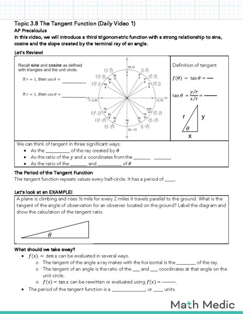 3.8 Daily Video Notes: Exploring the Tangent Function AP Precalculus ...