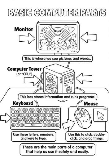Parts of a computer (monitor, keyboard, mouse, CPU) by EduResources Hub