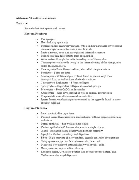 Lecture Notes on Metazoa and Eumetazoa Classification - Studocu
