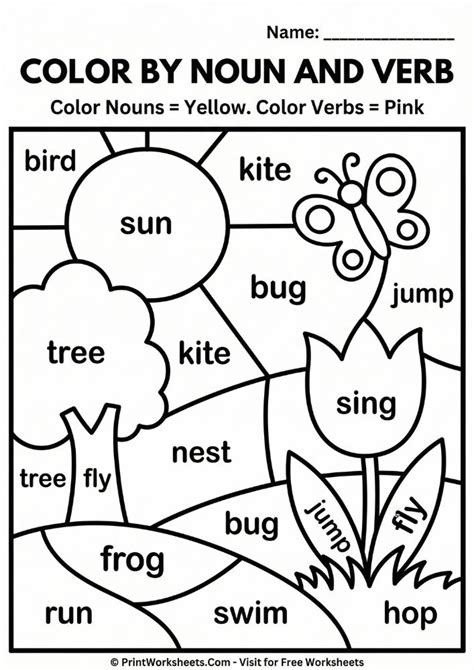 Spring Nouns and Verbs Sorting Worksheets for 1st Grade (Free PDF)