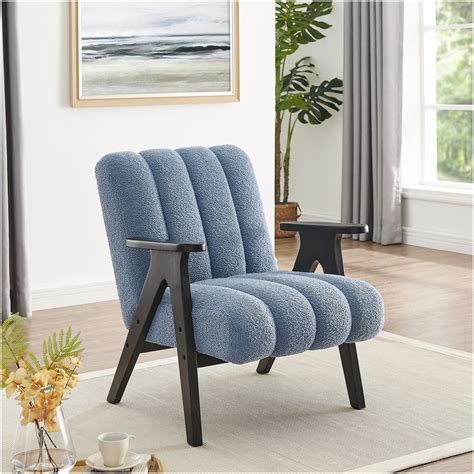Blue Teddy Sherpa Accent Chair with Espresso Wood Frame, Modern Plush ...