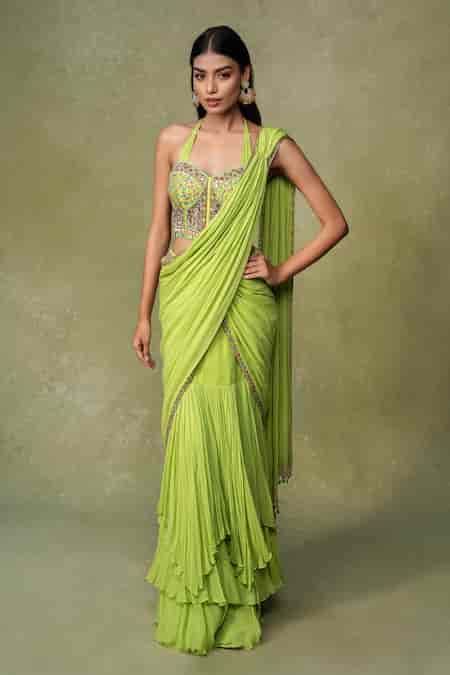 Buy Green Georgette, Silk Beads, Mirrors, Tiered Pre-draped Saree And ...