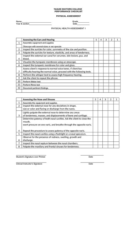 TAGUM DOCTORS COLLEGE PHYSICAL ASSESSMENT CHECKLIST Year 1 - Studocu