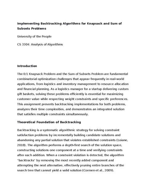 CS 3304: Backtracking Algorithms for Knapsack & Subsets Problems - Studocu