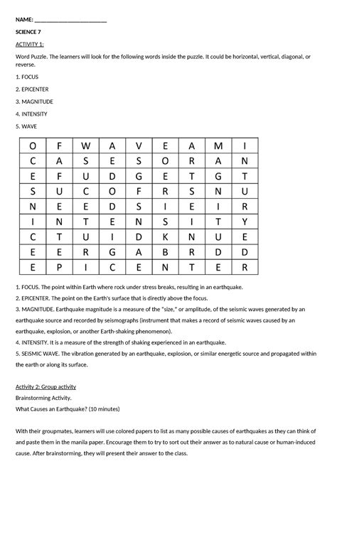 Science 7 Activity 1: Earthquake Word Puzzle & Group Activities - Studocu