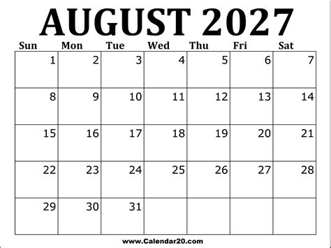 August 2027 Printable Calendar - Calendar20.com