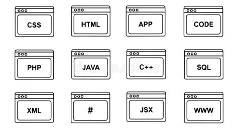 Set of Various Programming Language Icons on Browser Windows, Including ...