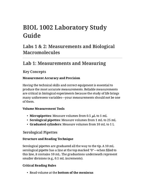 BIOL 1002 Lab Study Guide: Measurements & Biological Macromolecules ...