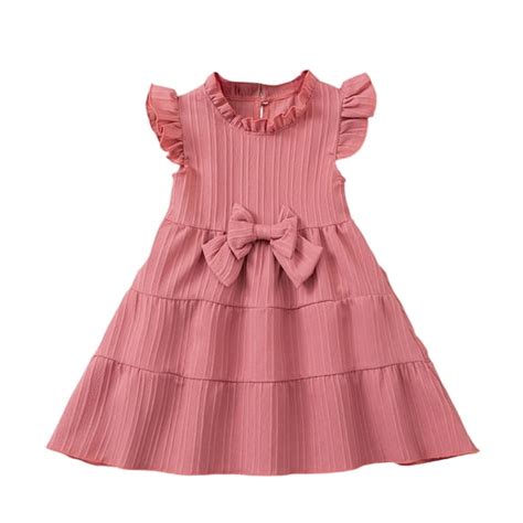 Bainana Girls Bow Dress Toddler Solid Color Ruffled Sleeve Crew Neck ...