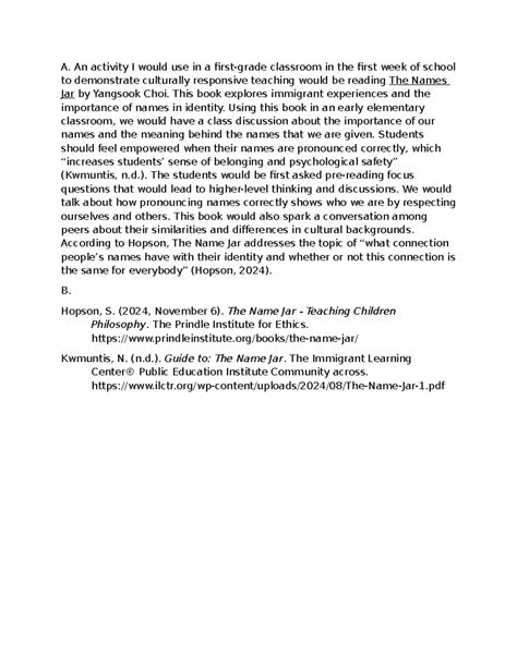 EEN1 Task 2: Culturally Responsive Teaching Activity Using "The Name ...