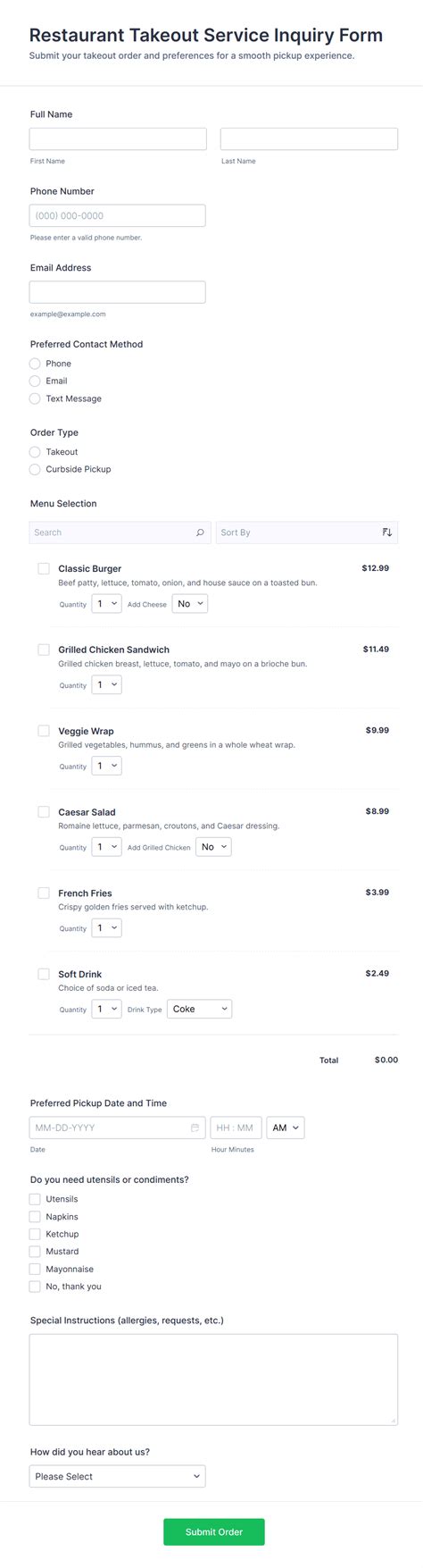 Restaurant Takeout Service Inquiry Form Template | Jotform