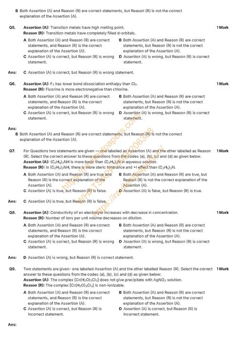 12TH CBSE CHEMISTRY assertion reason QUESTIONS ANS PART 1 FEB 22