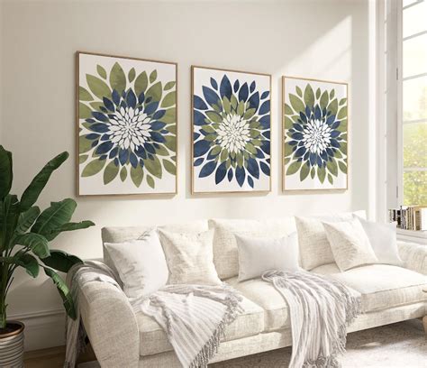 Blue Green Flower Wall Art: Farmhouse Floral Bedroom Bathroom Set of 3 ...