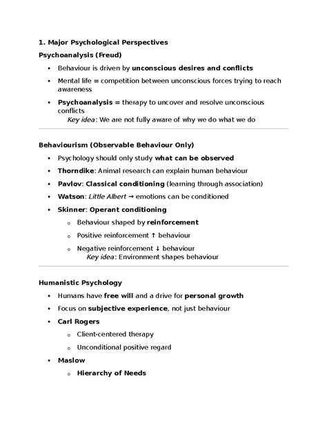 PS102 Midterm #1 Review: Major Psychological Perspectives and Key Concepts - Studocu