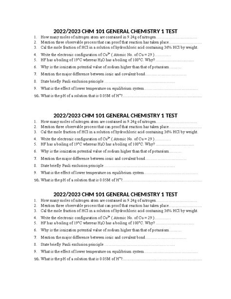 CHM 101 GENERAL CHEMISTRY 1 TEST 1 - Past Exam Questions - Studocu