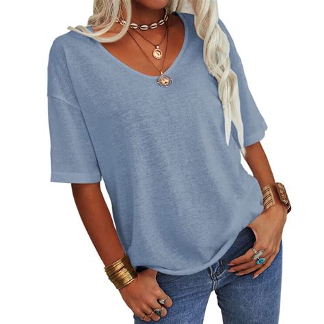 Summer Women's Casual Solid Color T-shirt Half Sleeved Simple V-neck ...