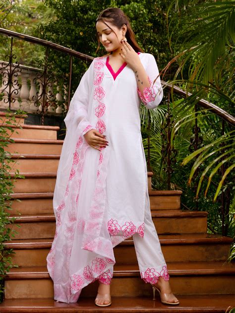 White Embroidered Cotton Suit- Set of 3