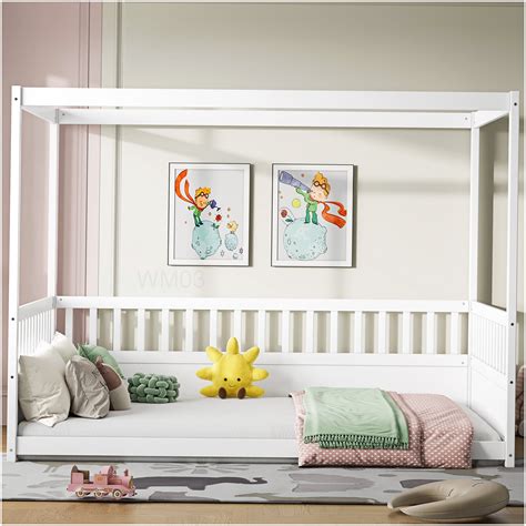 White Wood Canopy Floor Bed Frame, Full Size with Safety Rails and Low ...